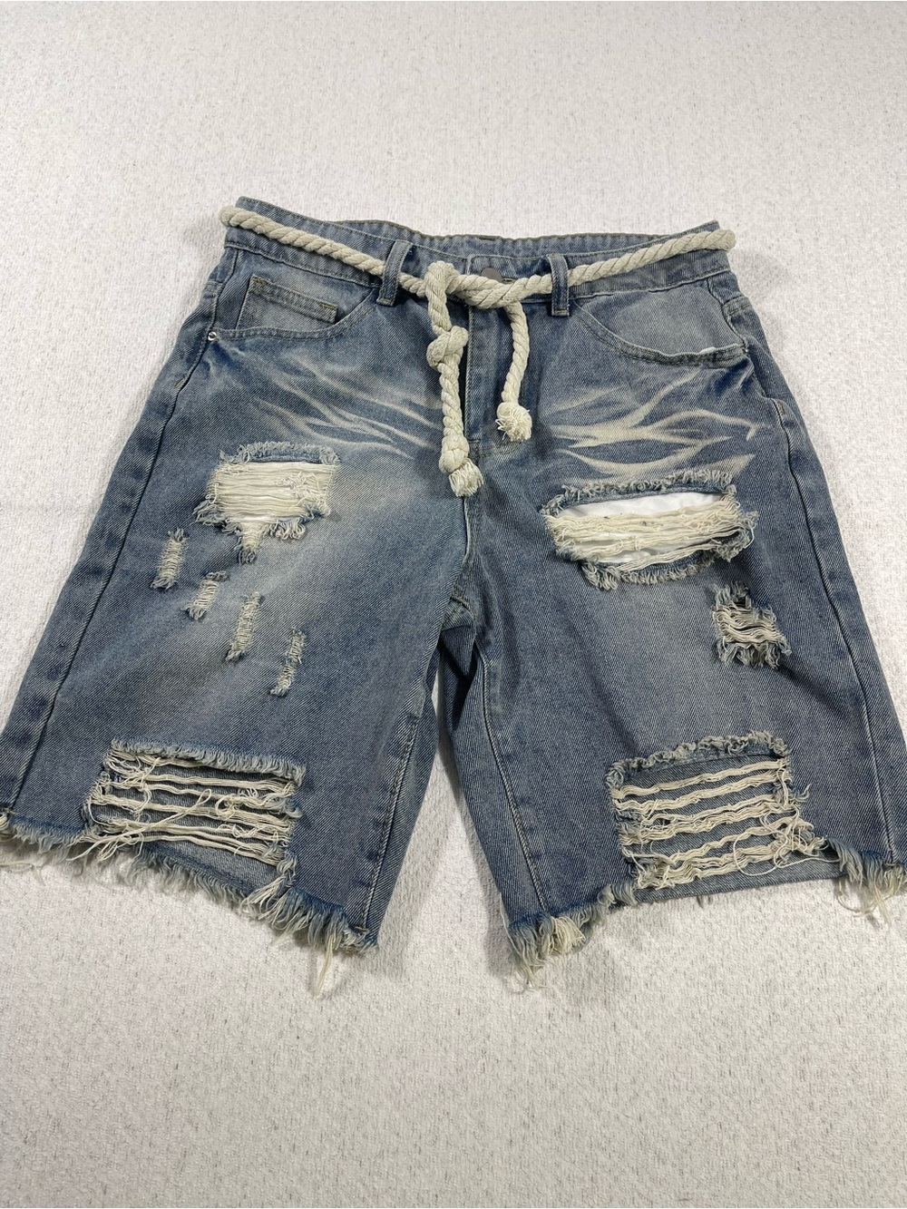 Manfinity Men’s Distressed Blue Denim Drawstring Shorts SzXS.SKU#0686